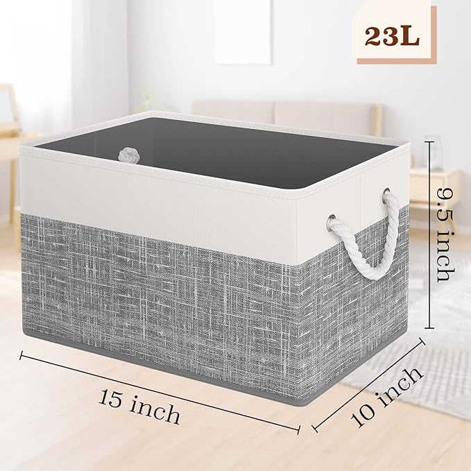 Storage Bin,Collapsible Storage Basket For Organizing,Large Storage Boxes With Rope Handles,Storage Containers,White & Grey,4 Pack
