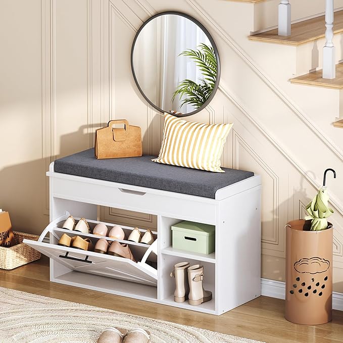 HOOBRO Shoe Storage Bench with Flip Drawer, 31.5" L Entryway Bench with Flip-Open Storage Box, Wooden Shoe Organizer with Padded Seat Cushion, Adjustable Shelf, for Hallway, WG55HX01