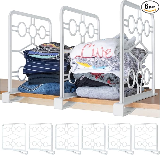 Premium Set of 6 Shelf Dividers - Closet Organizer for Clutter-Free Spaces with Easy-Clip Attachment - Ideal for Kitchen, Bathroom, Office, and Laundry Room Shelves