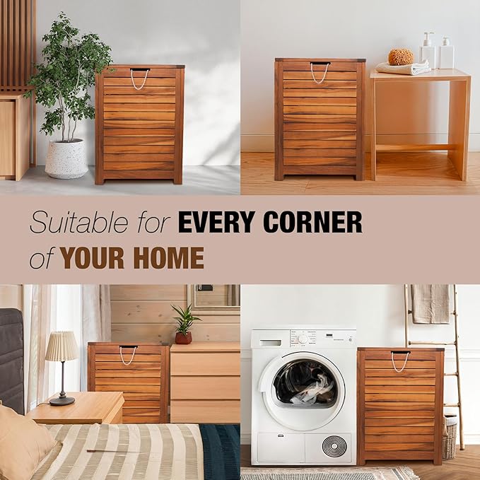 Wooden Laundry Hamper With Lid, Handles And Removable Liner Bag, Tall 90L - Large Wood Laundry Basket - Dirty Clothes Hamper For Bed Room Aesthetic, Bathroom, Laundry Room