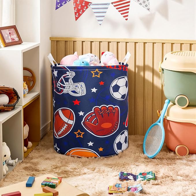 Laundry Basket Foldable With Handles Tote Bag Waterproof Oxford Cloth Funny Laundry Hamper Clothes Storage Bucket Toy Organizer 43L For Bathroom/Laundry/Bedroom (Sports, 43L)