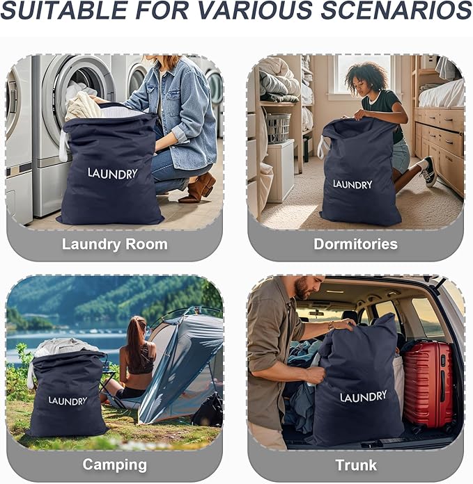 WiseBoy Laundry Bag, 23.6x35 inch Oversized Laundry Bags, Travel Laundry Bag Dirty Clothes Organizer, Nylon Wet Dry Storage Bag for College Dorm, Camping, Caravan, Navy Blue