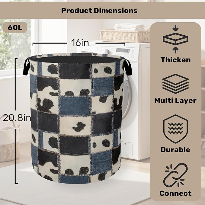 Denim Patchwork Cow Print Large Clothes Hamper Bag - Laundry Basket with Handles, Space Saving Foldable Design for Nursery