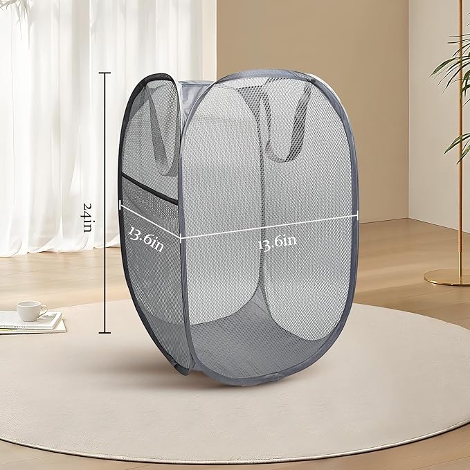 The upgraded pop-up laundry basket features a breathable side pocket mesh design, making it ideal for rooms, apartments, dormitories, travel, business trips, and children's storage(2, Gray)