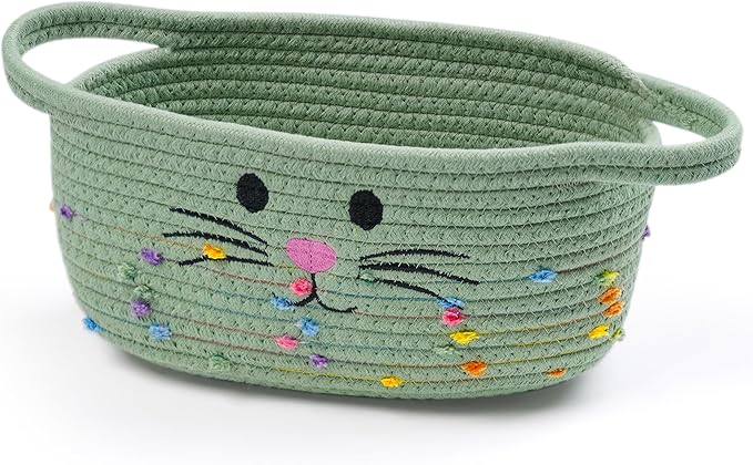 Small Woven Baskets for Organizing Rope with Handle Cute Cotton Basket for Nursery Gift Dog Cat Toy Storage Basket for Toy Organizer-Green