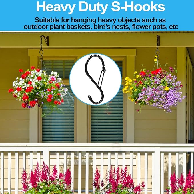 S Hooks for Hanging Plants, 4 Inch Large Heavy Duty S Hooks with Safety Buckle & Stopper Non Slip, 10 Pack Black Metal Closet S Hook for Hanging Clothes, Kitchen Utensil, Jeans, Curtains, Towels, Bag