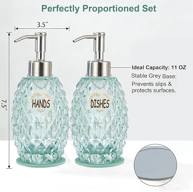 MALACHI Soap Dispenser Set, Crystal-Textured Diamond Glass with Rustproof Stainless Steel Pump, Dual-Labelled Hand & Dish Soap Dispenser for Kitchen & Bathroom