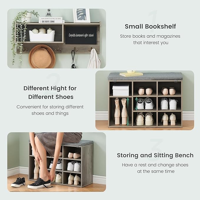TrailBlaze Hall Tree Shoe Bench Industrial, 31.5 Inch 6 In 1 Coat/Shoe Rack With 5 Hooks 9 Storage Cubbies With Small Blackboard and Bookshelf for Entryway Hallway Living Room (Gray)