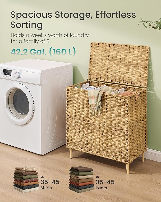 SONGMICS Laundry Hamper with Lid, 42.2 Gal. (160 L) PE Rattan Laundry Basket with Lid and Handles, Natural Material,Removable Machine Washable Liner, Goose Yellow ULCB223YE01