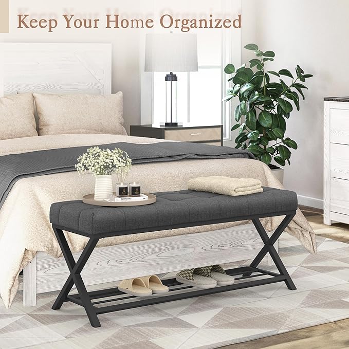 LUE BONA 44.5” End of Bed Bench with Shelf, Linen Tufted Upholstered Storage Shoe Bench, Modern Bedroom Bench with Metal Legs for Living Room, Entryway, Dining Room, 300 LB, Carbon Gray
