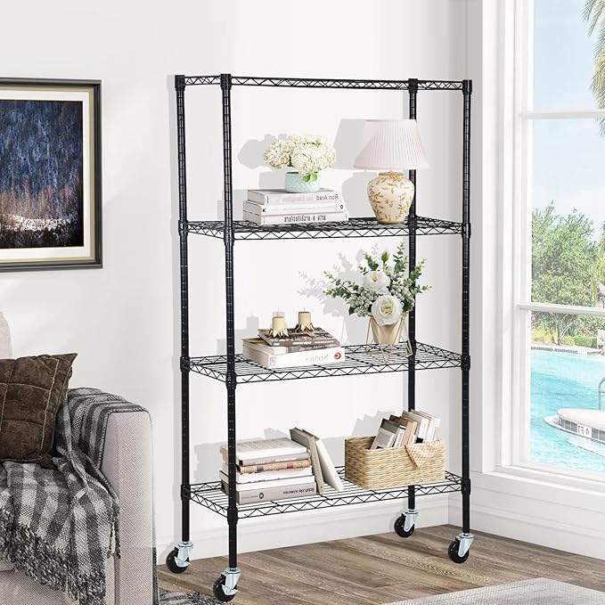 YRLLENSDAN Storage Shelves with Wheels, Heavy Duty 4 Tier Garage Storage Rack, Adjustable Wire Shelving Unit, Metal Shelf Organizer for Pantry, Kitchen, Basement, 36" W x 14" D x 62" H, Black