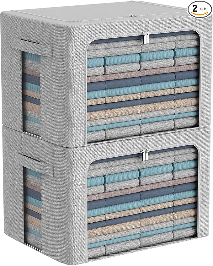 CYhom Clothes Storage Bins Box - Foldable Stackable Container Organizer Set with Clear Window & Carry Handles & Metal Frame - 2Pack Large Capacity for Bedding, Blankets, Books