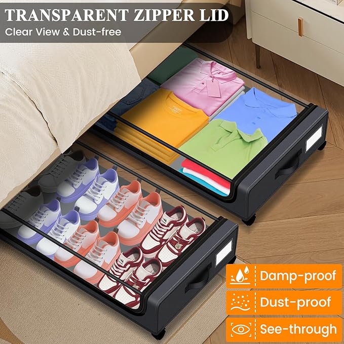 Jill Deaaa® Under Bed Storage with Wheels, 2Pack Under Bed Storage Containers with Clear Lids, XXL 60L Under Bed Shoe Storage Organizer,Dorm Bedroom Rolling Underbed Storage for Clothes, Toys, Blanket