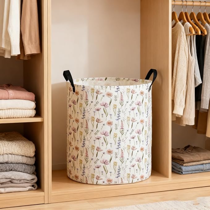 ESSME Kids Laundry Basket,Flower Hamper Collapsible Canvas Waterproof Storage Bin for Girls, Cute Hamper,Gift Baskets.(Flower)