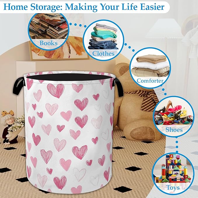 Pink Heart Laundry Basket Collapsible Laundry Hamper with Handle, Oxford Clothes Toy Storage Bin for Bathroom Bedroom Room Decor, Gift Basket 16" X 20.8"