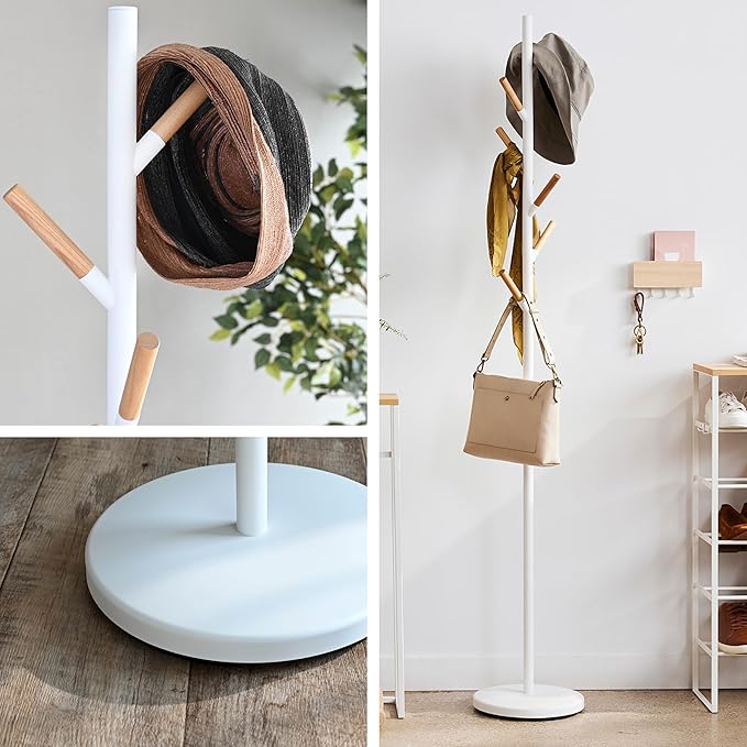 YAMAZAKI Home Freestanding Coat Rack Stand – Modern Coat Tree With Wooden Hooks, Standing Coat Hanger For Entryway, Sturdy Weighted Base, Steel, White, Easy Assembly, 70" - Steel