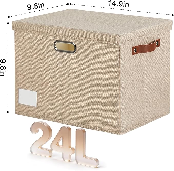 15" Large Collapsible Storage Bins with Lids, Stackable Closet Organizers with PU Handle and Labels, 3-Pack Decorative Fabric Storage Boxes for Home, Bedroom, Closet, Office, Nursery(Khaki)