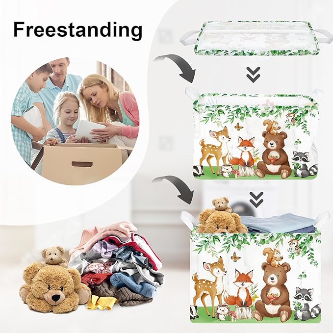 Jungle Animals Laundry Hamper Large Storage Basket Cartoon Wild Zoo Collapsible Parents Organizer Kids Toy Clothes Bins for Bedroom, Bathroom, Bear, 36L