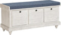 OSP Home Furnishings Dover Coastal Lift-Top Storage Bench with Shutter Face Styling, Distressed White Finish with Navy Fabric Cushion