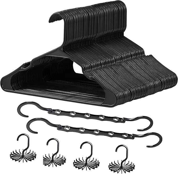VECELO 100 Pack Plastic Hangers-Clothes Hangers Set with Shoulder Grooves for Closet Space Saving-Heavy Duty Coat Hanger,Black