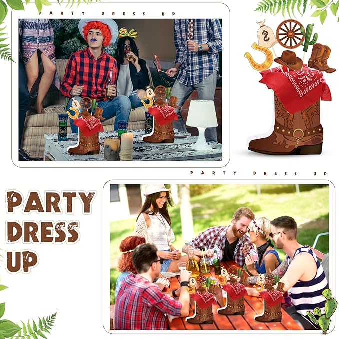 8 Sets 129 Pcs Cowboy Western Party Centerpieces - Brown Paper & Wooden Stick Cutouts with Cowboy Boots Shaped Boxes for Western Party Decor