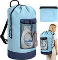 Laundry Bag Backpack with Shoulder Straps and Mesh Pocket Foldable Clothes Hamper Bag with Drawstring Closure for College, Apartment, Laundromat (Light Blue)