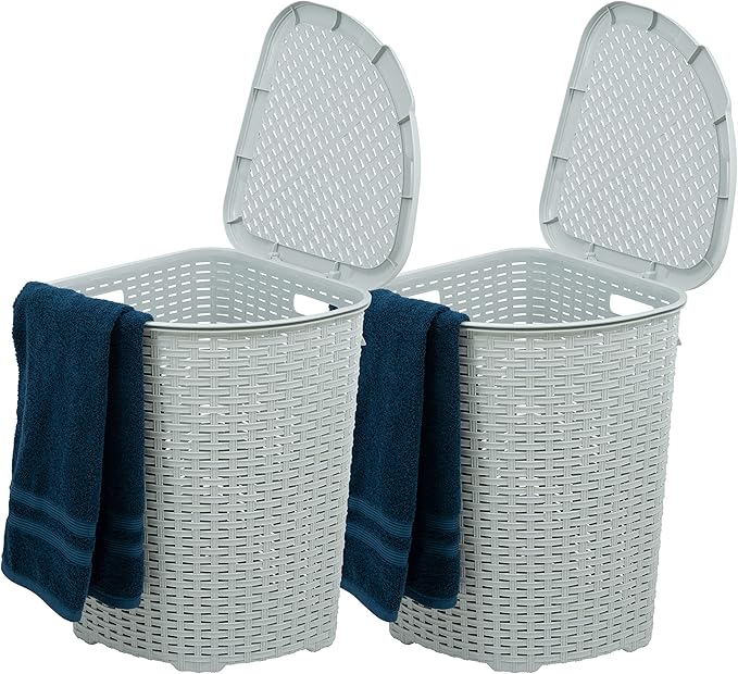 Plastic Corner Laundry Hamper with Lid, Curved Designed Laundry Basket, 2 Pack White Smoke Cloths Hamper Organizer with Cut-out Handles for Laundry Room Bedroom Bathroom, Wicker Design, 50 Liter