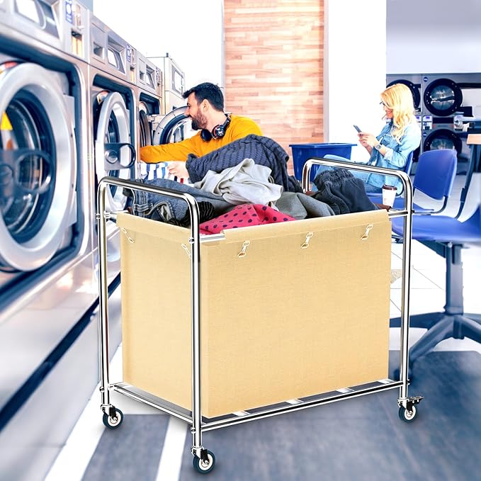 Commercial Laundry Cart with Wheels, 400L Heavy Duty Laundry Cart on Wheels for Home & Hotel, Waterproof Oxford, Sturdy Steel Frame, Easy to Install(Beige)