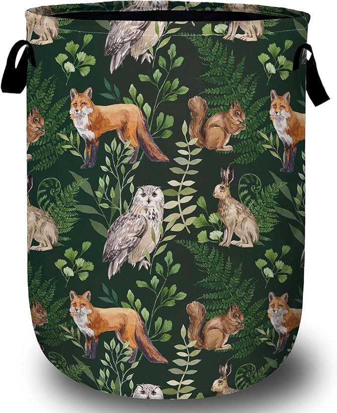 Watercolor Fox Hare Owl Squirrel Laundry Basket, Forest Animals Plants Laundry Hamper Collapsible Oxford Cloth with Handle Clothes Toy Storage Bin for Bathroom Laundry Room Bedroom 15.7 X 20 Inch