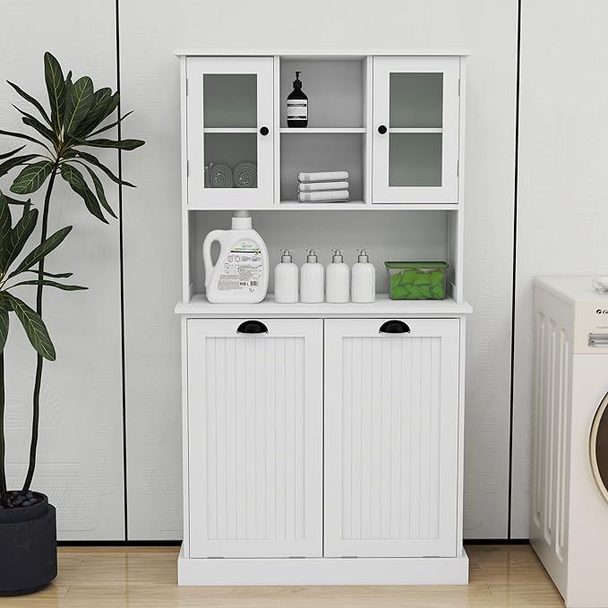 Tall Tilt-Out Double Doors Laundry Cabinet Hamper, Large Pull Out Laundry Room Storage Cabinets, Bathroom Cabinet with Hidden Laundry Hamper & Glass Doors, White,13 * 2 Gallons