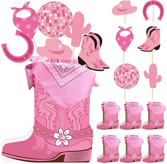 8 Sets 129 Pcs Pink Cowboy Western Party Centerpieces with Cowboy Boots Shaped Box Cutouts and Sticks for Western Party Birthday Decor