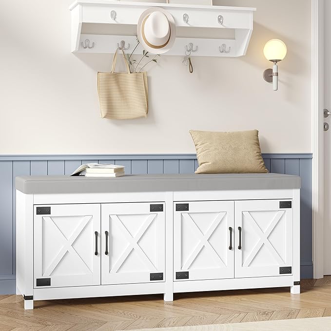 Shoe Storage Bench, 2 Tier Shoe Bench with Padded Seat Cushion & 4 Barn Doors, Entryway Bench with Adjustable Shelf, Farmhouse Shoe Cabinet for Living Room, Bedroom, White SB31203GY