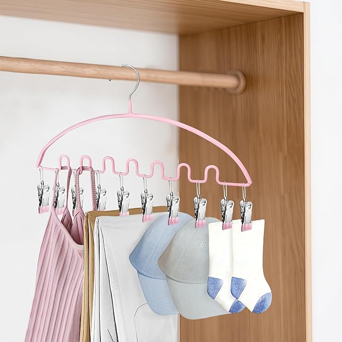 Legging Organizer for Closet,Metal Wave Design Pants Hanger with 10 Clips 7 Hooks, Closet Storage for Pants, Skirts, Hats (Pink, 4Pack)