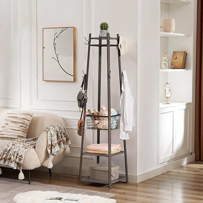 VECELO Industrial Coat Rack,Enterway Clothes Stand with 2 Tier Storage Shelves and Metal Basket,Upgrade Hall Trees with 8 Dual Hooks,Antique Brown