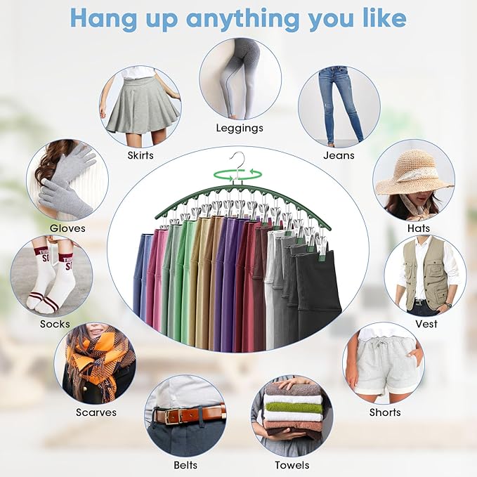 3 Pack Legging Organizer for Closet Hanging, Pants Hangers with Clips Holds 45 Leggings, Shorts, Skirts, Jeans, Hats, Pants Hangers Space Saving Clothes Racks Closet Organizers and Storage, Green