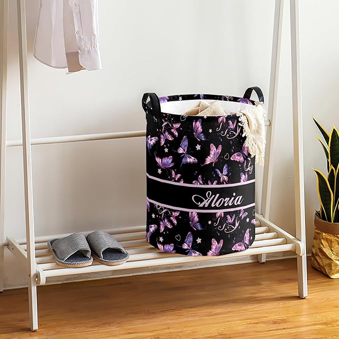Large Custom Name Laundry Hamper, Butterfly Personalized Dirty Clothes Hamper Storage Basket with Name for Bathroom Bedrooms, Customized Name Circular Hamper with Handles for Baby Boys Girls Men Women