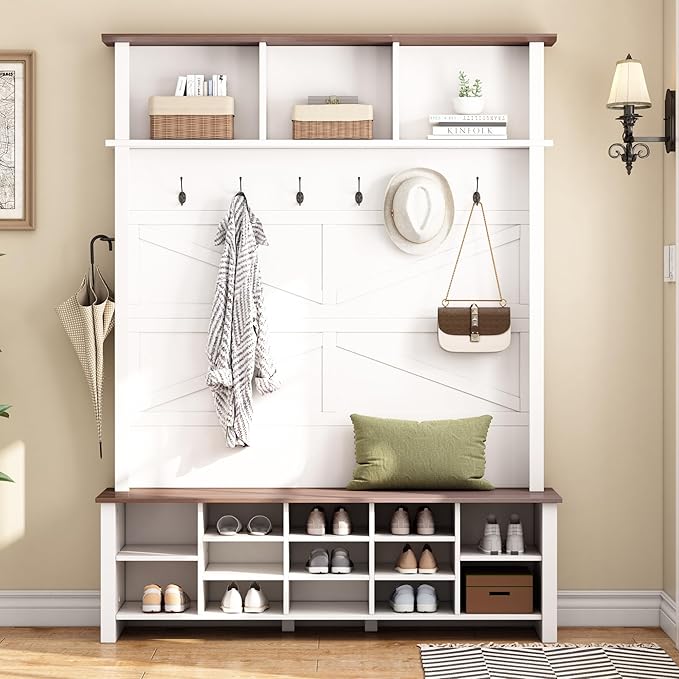 Merax Farmhouse Wood Hall Tree with 6 Hooks and Entryway Shoe Bench, 4-in-1 Coat Rack with 16 Open Compartments & Adjustable Shelves, for Entrance, Hallway, Mudroom, White