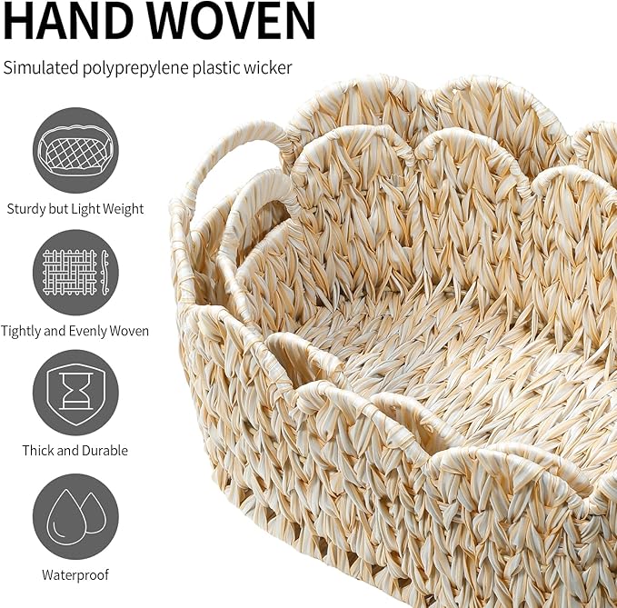 Wicker Scalloped Basket Set of 2,Woven Storage Baskets for Shelves,Closet,Laundry,Gifts,Towels,Books,Toys,Waterproof Boho Decor Basket for Organizing