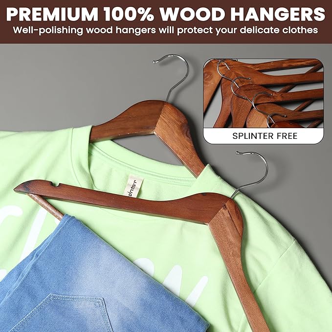 Wooden Hangers Premium Natural Wood Hanger Well Polished Ergonomic Design & Sharply Cut Notches with Swivel Hook (Brown, Pack of 30)