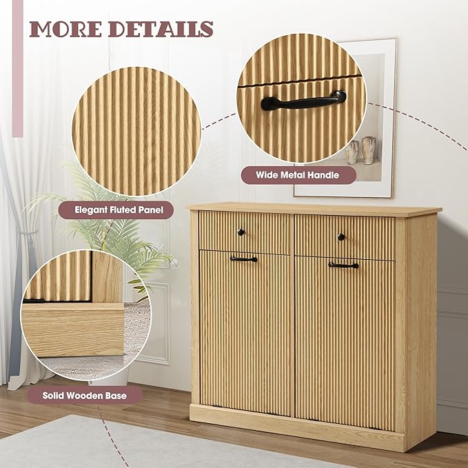Double Tilt Out Laundry Hamper Cabinet, Modern Fluted Trash Can Cabinets with Drawer, Wooden 22 Gallon Hidden Garbage Cabinet with Storage Baskets for Kitchen Bathroom(Natural Oak, Full)