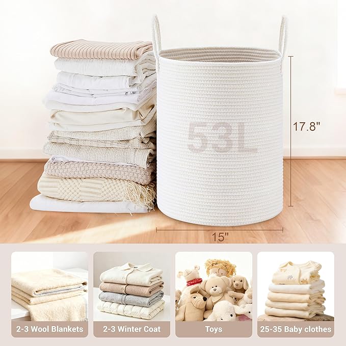 Tall Laundry Basket with Handles, 53L Portable Dirty Clothes Hamper, Boho Cotton Rope Storage Bin for Blankets Kids Toys Gifts, Decorative Organizer for Baby Nursery Bedroom Bathroom, White