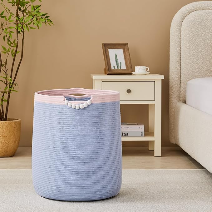 65L Blue Woven Rope Laundry Hamper Basket for Clohtes Boho Tall Rope Baskets for Blanket Large Baby Nursery Hamper for Girls Kids 16"Wide 19"Tall