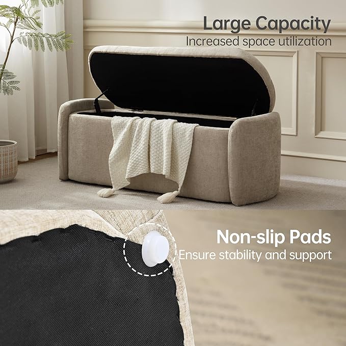 VKNOW Oval Storage Ottoman Bench, 46" Upholstered End of Bed Bench Ottomans Bench Foot Rest, Sherpa Storage Bench for Bedroom, Living Room and Hallway, Light Brown
