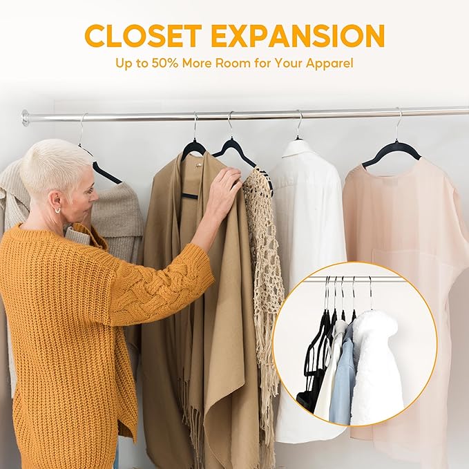 Simple Deluxe 50 Pack Heavy Duty Velvet Clothes Hangers, Non-Slip Closet Hangers with Shoulder Notches & 360° Swivel Hooks, Space-Saving Hangers for Coats & Suits, Black
