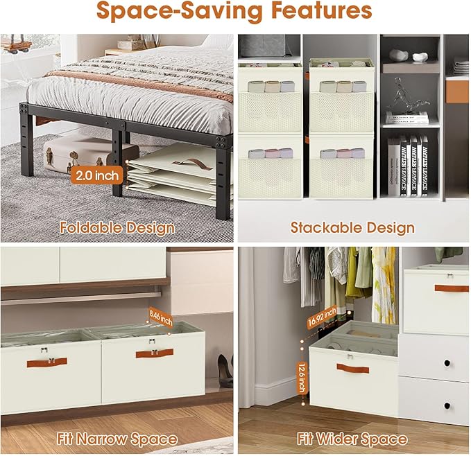 4 Pack Shoe Organizer for Closet,Foldable Shoe Storage Organizer with Adjustable Dividers, Shoe Storage Box with Clear Cover, Fits up to 16 Pairs, Beige