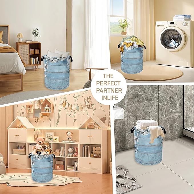 Spring Flowers Laundry Hamper,Rustic Blue Woodboard Clothes Hamper for Laundry,Waterproof Oxford Toy Storage Collapsible Hampers for Bedroom, Dorm Room,Bathroom,16x20 Inch