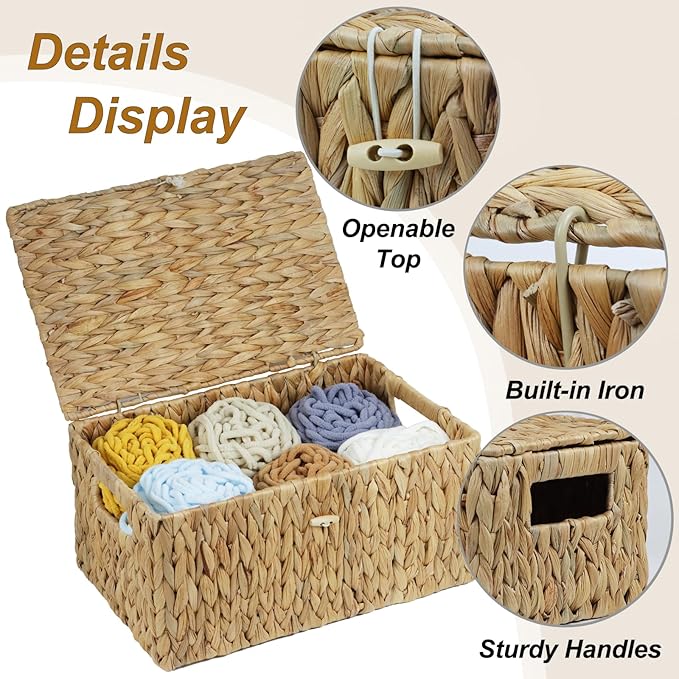 Large Wicker Basket with Lid, Rectangular Water Hyacinth Storage Baskets for Organizing, Woven Basket for Storage, Decorative Boxes Bins with Lids Home Organizer Decor