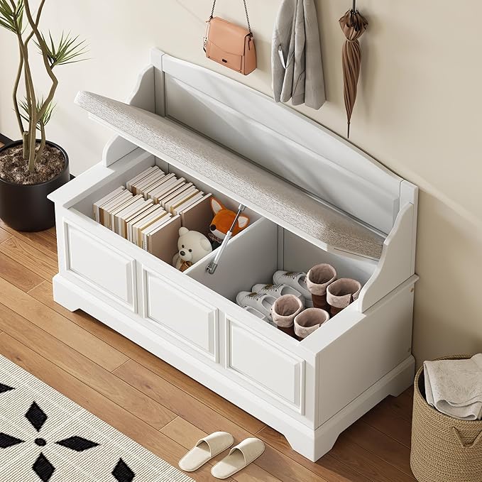 LUMISOL Shoe Storage Bench with Cushion, Farmhouse Entryway Bench with Soft-Close Devices and Hidden Storage, Upholstered Storage Ottoman for Living Room, Entryway, Bedroom, White