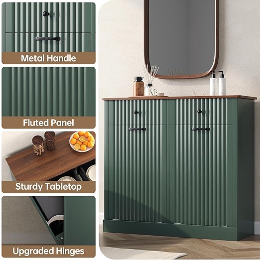 Fluted Tilt Out Laundry Hamper Cabinet, 10 Gallon Hidden Trash Can Cabinet, Wooden 2 in 1 Tilt Out Garbage Can for Kitchen, Bathroom (Green, Full)