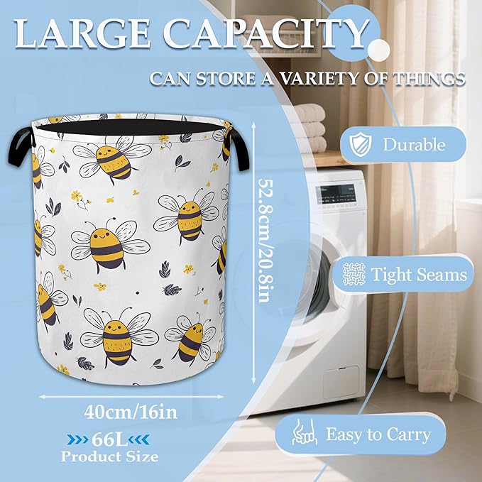 Bee Cartoon Laundry Basket Collapsible Oxford Organizer Basket for Storage Bin Toy Bins Gift Baskets Bedroom Clothes Children Nursery Hamper 16 X 20.8 Inch